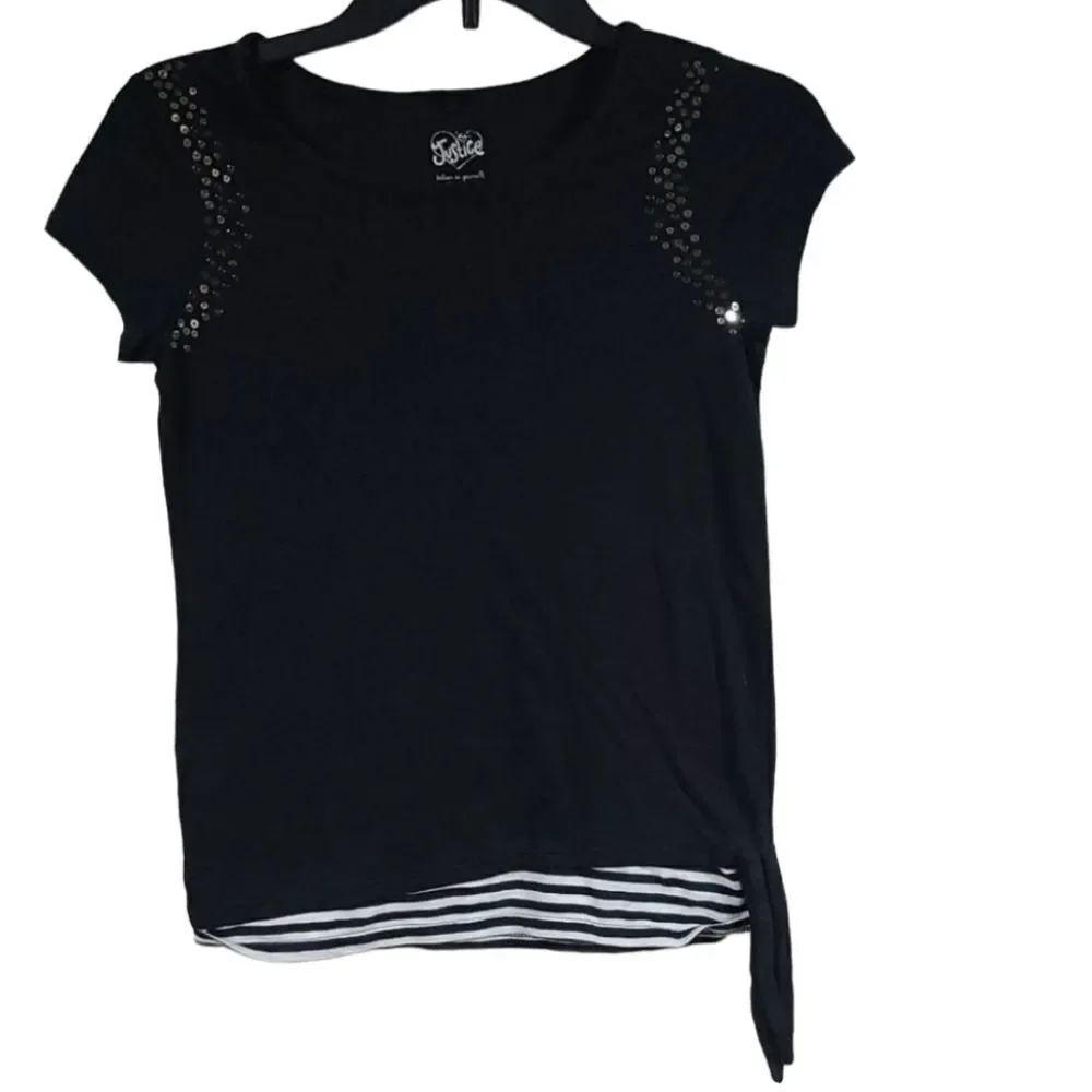 Justice Black Sequin Knit Top Stripe Hem Side Knot Tee Girls Size 10 Trendy Soft